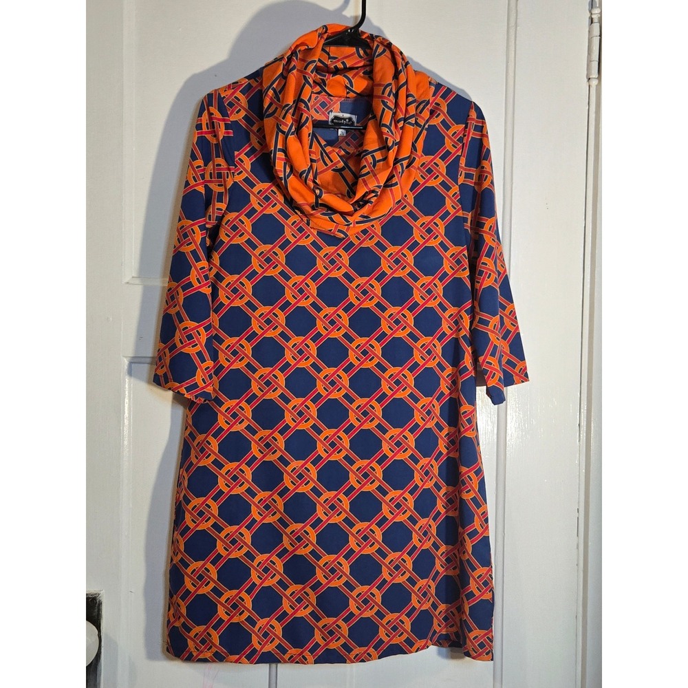 Mud Pie Women Blue Orange Pink Geometric Cowl Neck 3/4 Sleeve Shift Dress Small